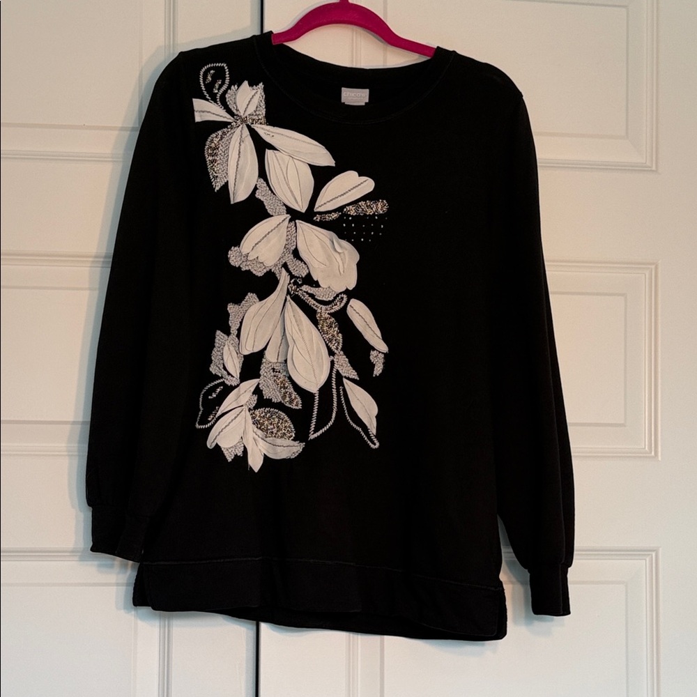 Chico's Black Top with White Floral Embroidery